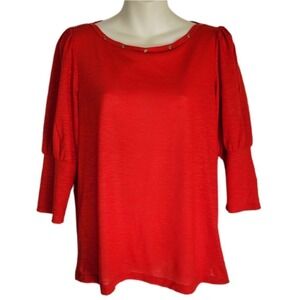 New Directions Shirt Top Blouse Size PM Petite Women's Red 3/4 Sleeve Round Neck